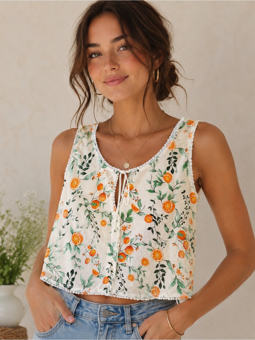 Sleeveless Orange Blossom Lace-Trim Tank Top - White